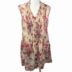 April Cornell Sleeveless Peach Floral Pintuck Dress Size XS Cottage Core